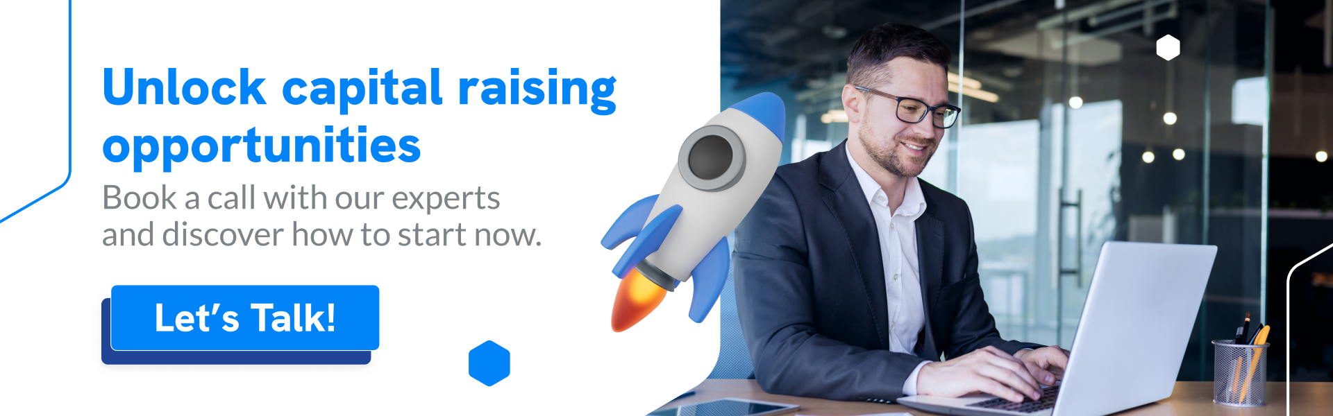 Business professional smiling while working on a laptop, with graphics of a rocket and text encouraging to book a call with KoreConX and talk about capital raising 